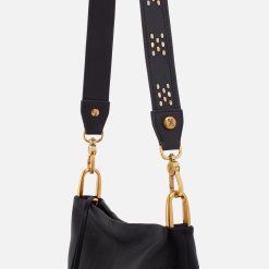 Alternative view of Flat Stud Guitar Strap In Polished Leather - Black