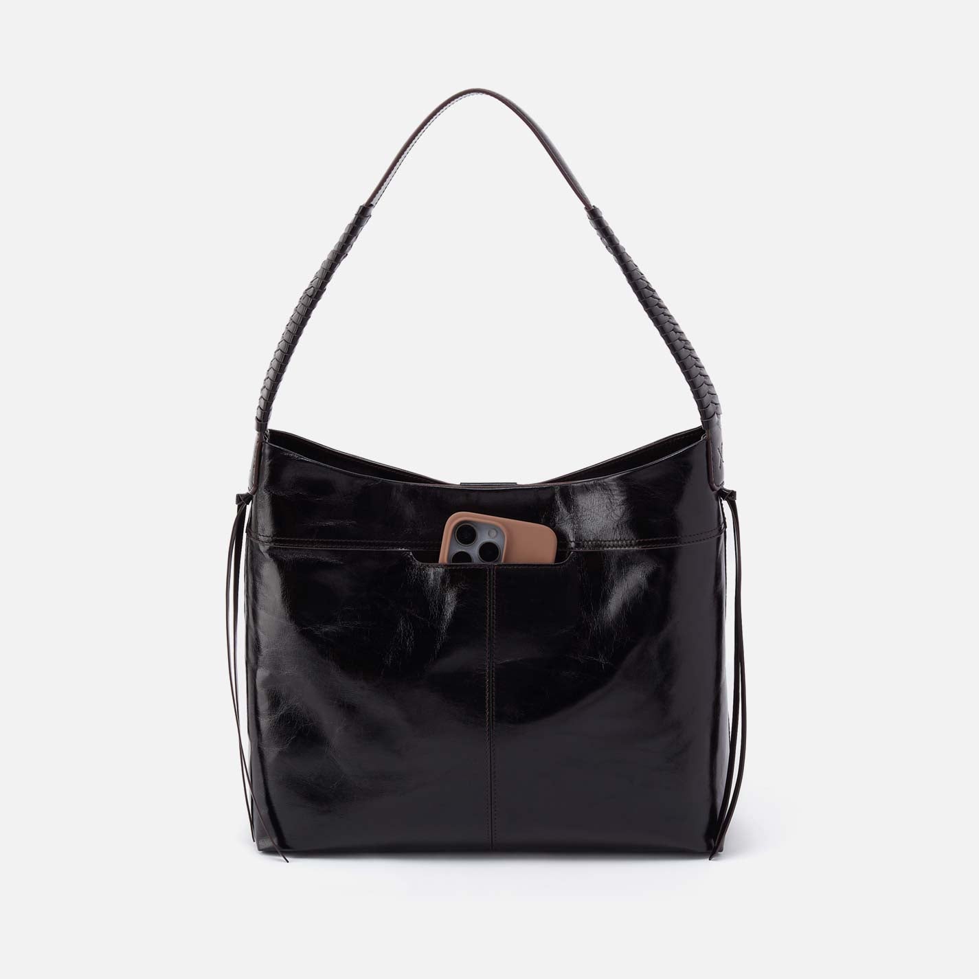 Romy Hobo in Polished Leather - Black - Image 4